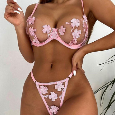 Romantic Floral Embroidery See-through Lingerie Set